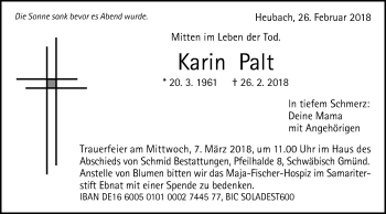 Traueranzeige von Karin Palt von Gmünder Tagespost