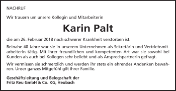 Traueranzeige von Karin Palt von Gmünder Tagespost