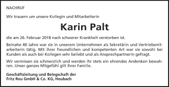 Traueranzeige von Karin Palt