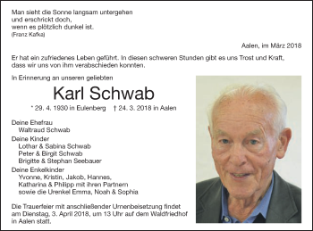 Traueranzeige von Karl Schwab von Schwäbische Post