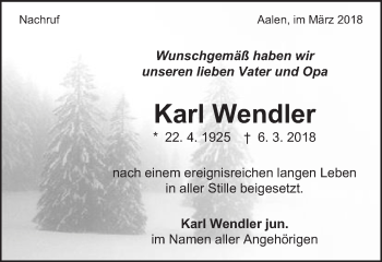 Traueranzeige von Karl Wendler von Schwäbische Post