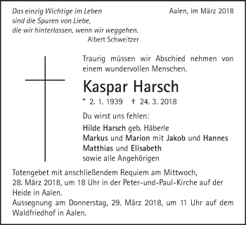 Traueranzeige von Kaspar Harsch von Schwäbische Post