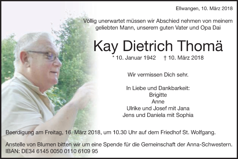  Traueranzeige für Kay Dietrich Thomä vom 12.03.2018 aus Schwäbische Post
