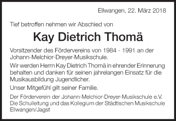 Traueranzeige von Kay Dietrich Thomä von Schwäbische Post