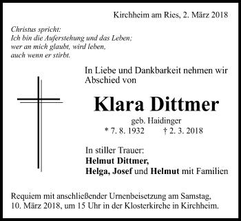 Traueranzeige von Klara Dittmer von Schwäbische Post