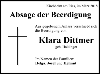 Traueranzeige von Klara Dittmer von Schwäbische Post