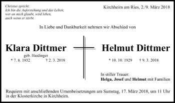 Traueranzeige von Klara und Helmut Dittmer von Schwäbische Post