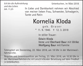 Traueranzeige von Kornelia Kloda von Schwäbische Post