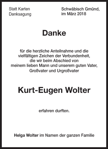 Traueranzeige von Kurt-Eugen Wolter von Gmünder Tagespost