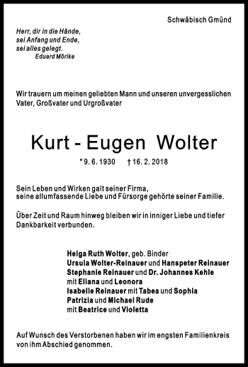 Traueranzeige von Kurt-Eugen Wolter von Gmünder Tagespost