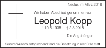 Traueranzeige von Leopold Kopp von Schwäbische Post