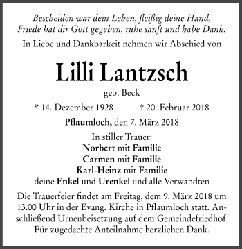 Traueranzeige von Lilli Lantzsch von Schwäbische Post