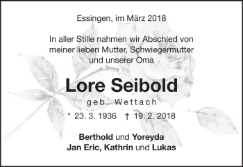 Traueranzeige von Lore Seibold von Schwäbische Post