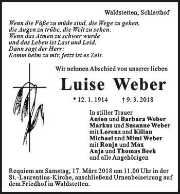 Traueranzeige von Luise Weber von Gmünder Tagespost