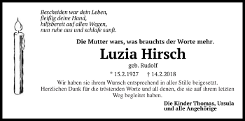 Traueranzeige von Luzia Hirsch von Schwäbische Post