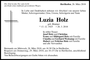 Traueranzeige von Luzia Holz von Gmünder Tagespost