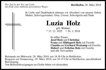 Traueranzeige von Luzia Holz