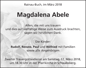 Traueranzeige von Magdalena Abele von Schwäbische Post