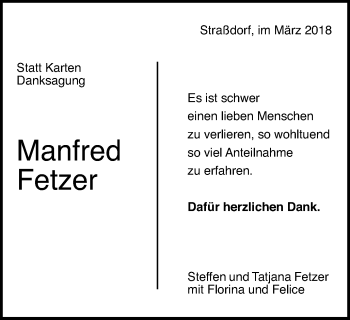 Traueranzeige von Manfred Fetzer von Gmünder Tagespost