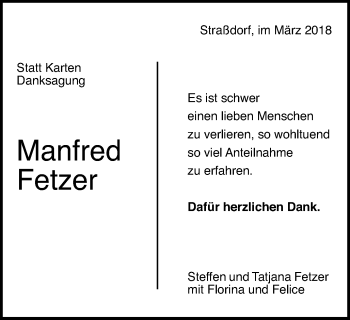 Traueranzeige von Manfred Fetzer