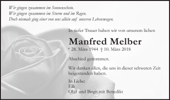 Traueranzeige von Manfred Melber von Gmünder Tagespost