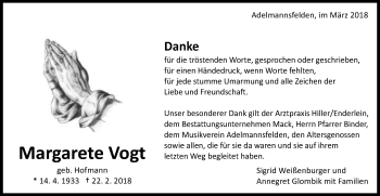 Traueranzeige von Margarete Vogt von Schwäbische Post