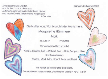 Traueranzeige von Margarethe Hämmerer von Schwäbische Post