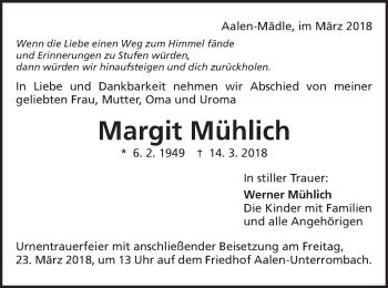 Traueranzeige von Margit Mühlich von Schwäbische Post