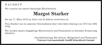 Traueranzeige von Margot Starker von Gmünder Tagespost
