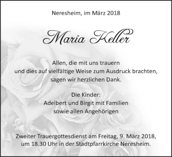Traueranzeige von Maria Keller von Schwäbische Post