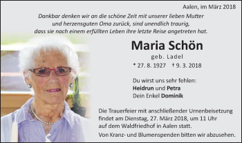 Traueranzeige von Maria Schön von Schwäbische Post