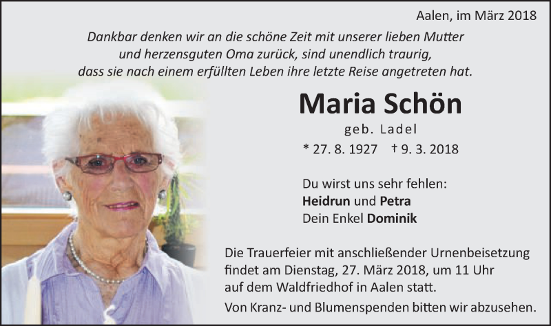  Traueranzeige für Maria Schön vom 21.03.2018 aus Schwäbische Post