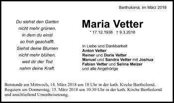 Traueranzeige von Maria Vetter von Gmünder Tagespost