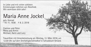 Traueranzeige von Maria Anne Jockel von Gmünder Tagespost