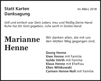 Traueranzeige von Marianne Henne von Schwäbische Post