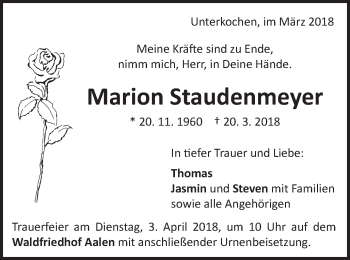 Traueranzeige von Marion Staudenmeyer von Schwäbische Post