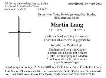 Traueranzeige von Martin Lang von Gmünder Tagespost