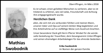 Traueranzeige von Mathias Swobodnik von Schwäbische Post
