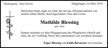 Traueranzeige von Mathilde Blessing von Gmünder Tagespost