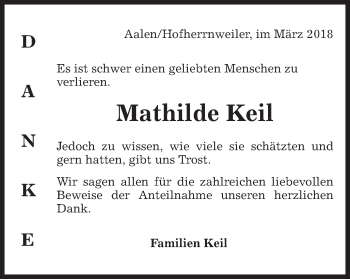 Traueranzeige von Mathilde Keil von Schwäbische Post