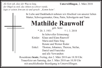 Traueranzeige von Mathilde Rauwolf von Schwäbische Post