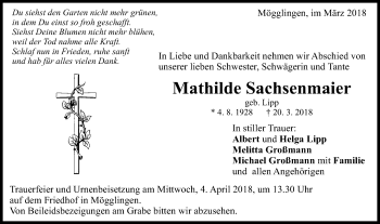Traueranzeige von Mathilde Sachsenmaier von Gmünder Tagespost