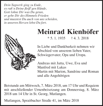 Traueranzeige von Meinrad Kienhöfer von Gmünder Tagespost