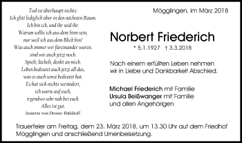 Traueranzeige von Norbert Friederich von Gmünder Tagespost