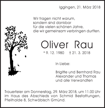 Traueranzeige von Oliver Rau von Gmünder Tagespost