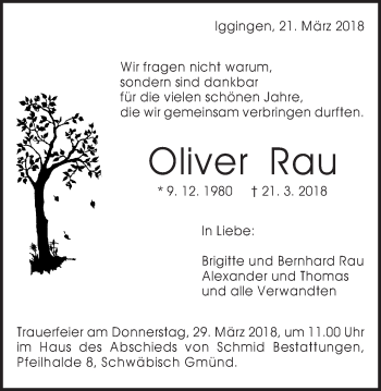 Traueranzeige von Oliver Rau