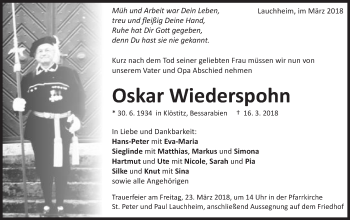 Traueranzeige von Oskar Wiederspohn von Schwäbische Post