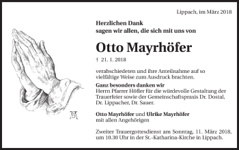 Traueranzeige von Otto Mayrhöfer von Schwäbische Post