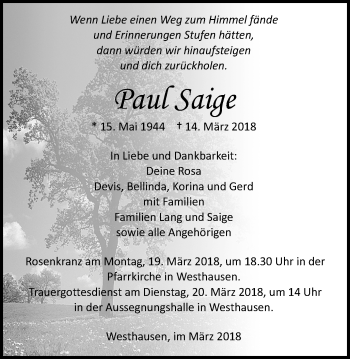 Traueranzeige von Paul Saige von Schwäbische Post