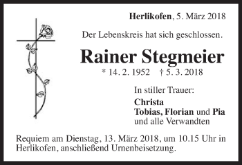 Traueranzeige von Rainer Stegmaier von Gmünder Tagespost